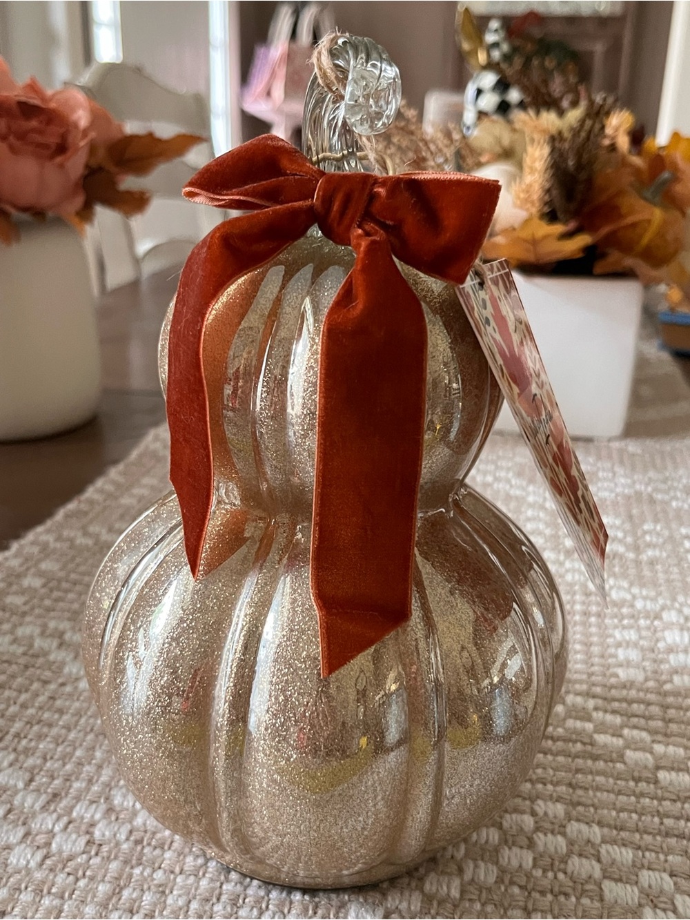 Glitter Glass Gourd with Rust Velvet Bow - Home Holiday Decor